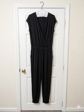 attention Black Surplice Cap Sleeve Jumpsuit